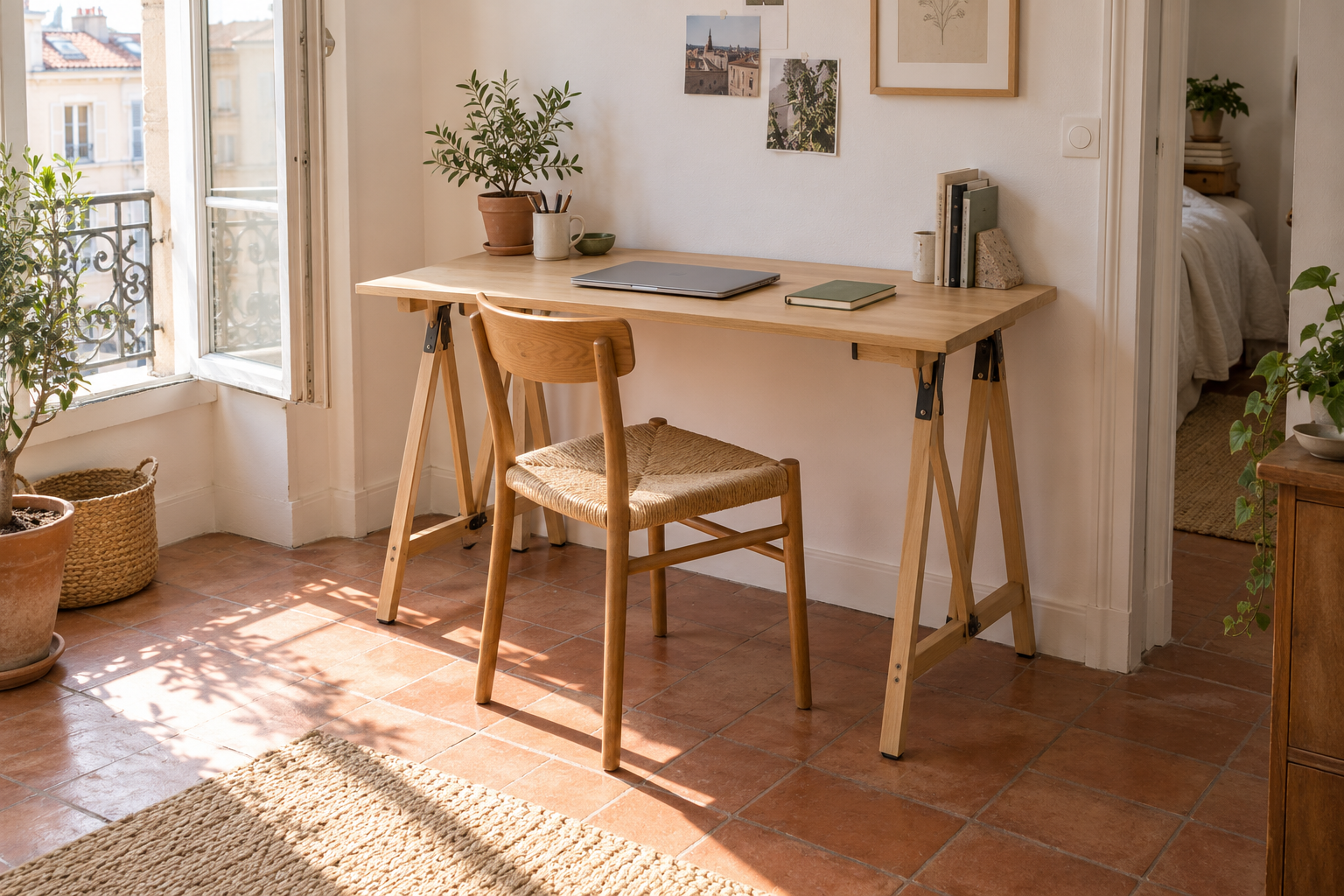 Illustrative scene of a desk with folding legs