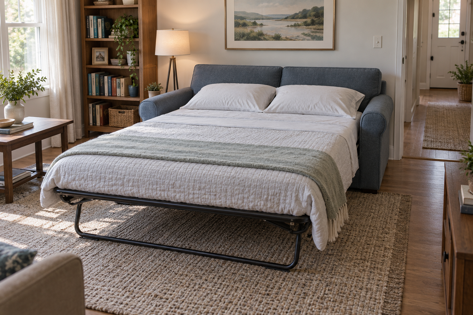 Illustrative scene of a sofa bed opened for an overnight guest