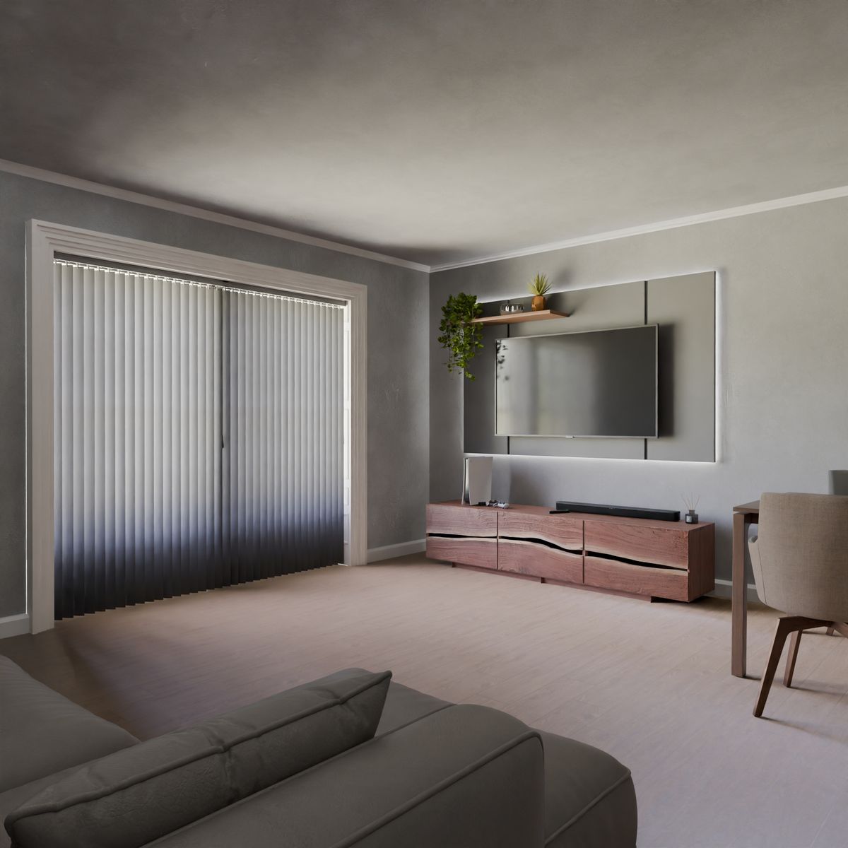 Living room with clear surfaces and simple furniture