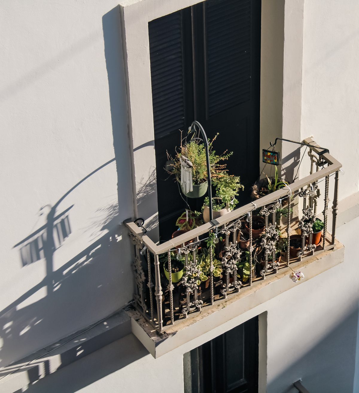 Balcony with plant pots and sun-cast shadows