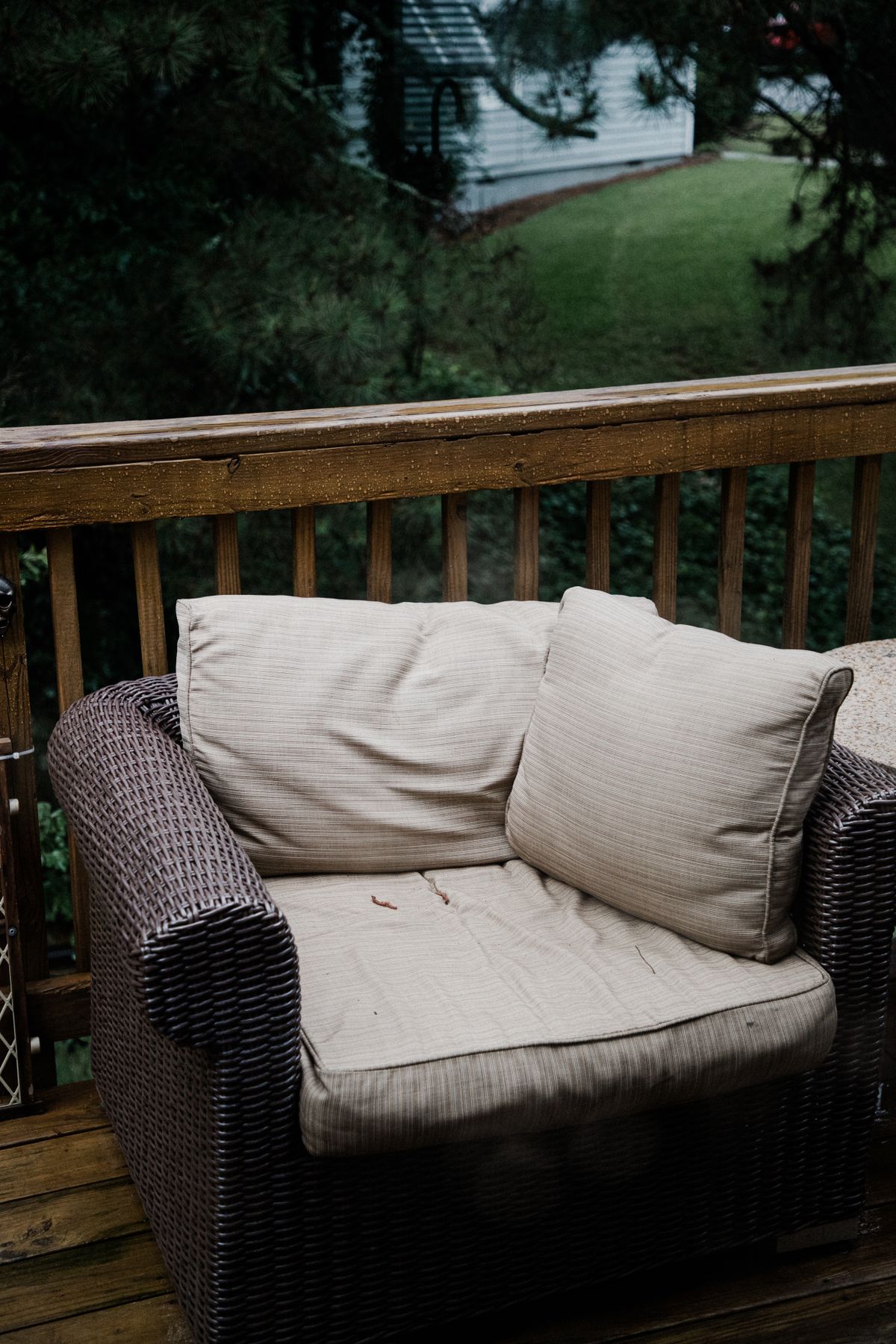 Outdoor armchair with cushions on decking